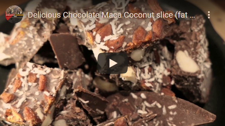Delicious Chocolate Maca Coconut slice (fat bomb) with goji berries, macadamia, and cocoa nibs.